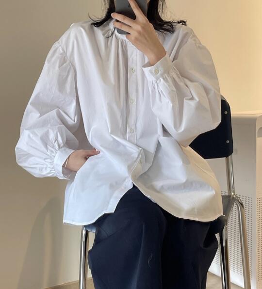 カットソー 長袖バルーン袖シャツ レディース秋冬コーディネート立ち襟