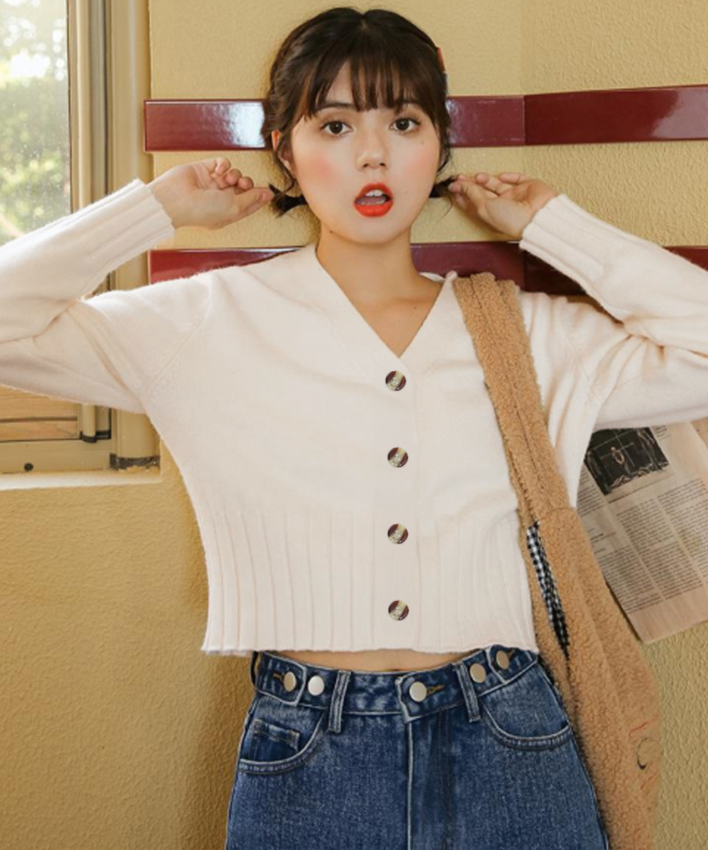 カットソー Vネック ショート丈ニットカーディガン 春秋用