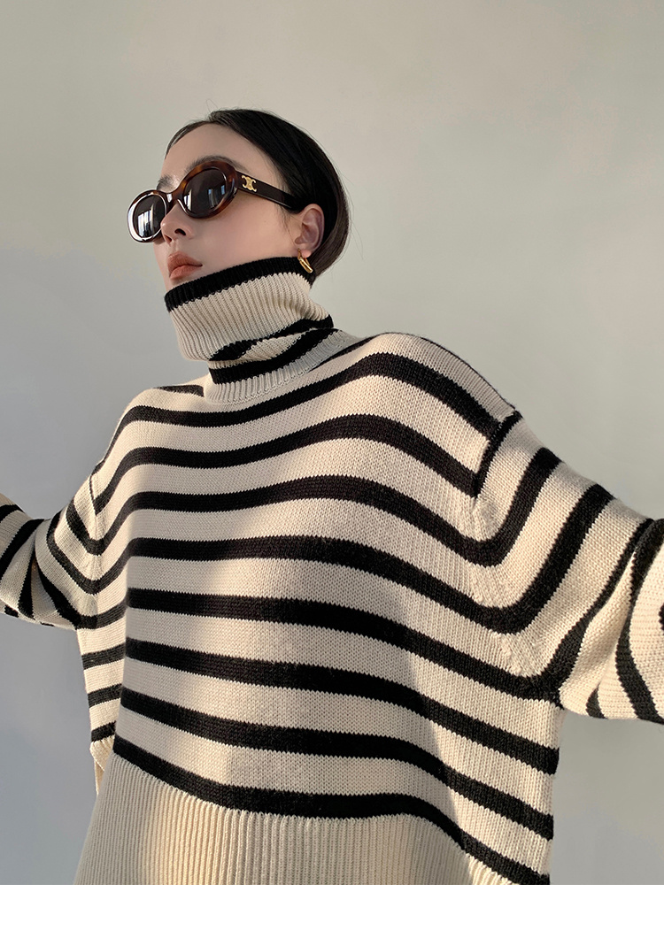 カットソー ボーダー柄タートルネックニット 秋冬ゆったりセーター