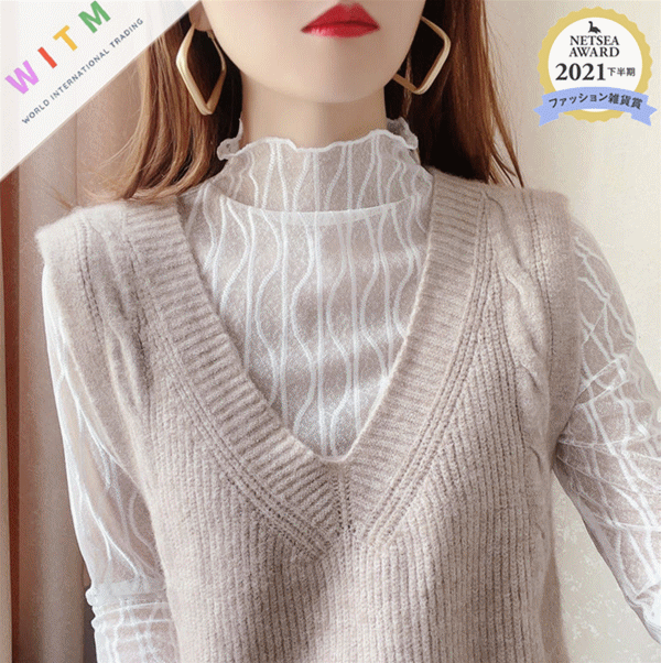 カットソー 透け感レース ハイネック インナー 女性用 重ね着対応