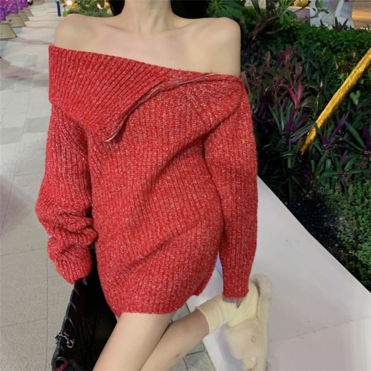 カットソー ボートネック編み込み長袖ワンピース赤色