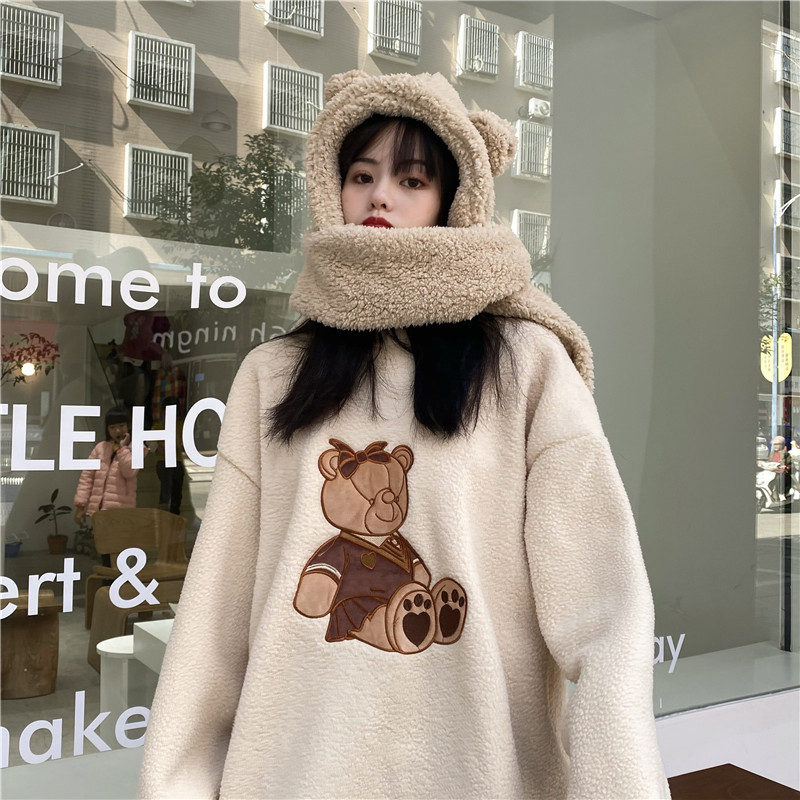 カットソー くま刺繍ボアフリース長袖オーバーサイズカットソー