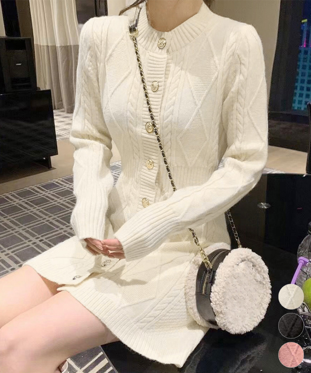 カットソー 長袖ケーブル編みニットワンピース ミニ丈上品