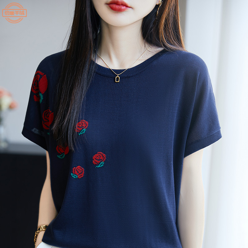 カットソー 薔薇刺繍デザイン上質カットソー