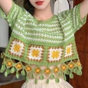 カットソー カットソー 花モチーフ透かし編み半袖ニット
