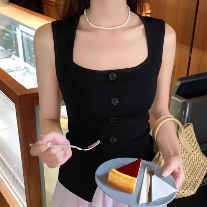 カットソー スクエアネック前ボタン半袖