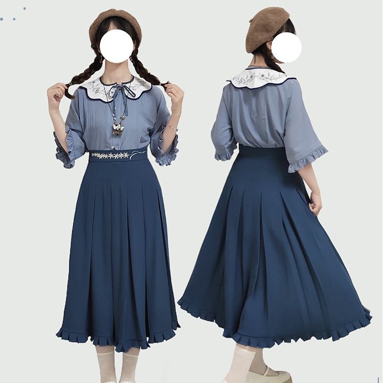カットソー 花柄刺繍襟フリル袖カットソー