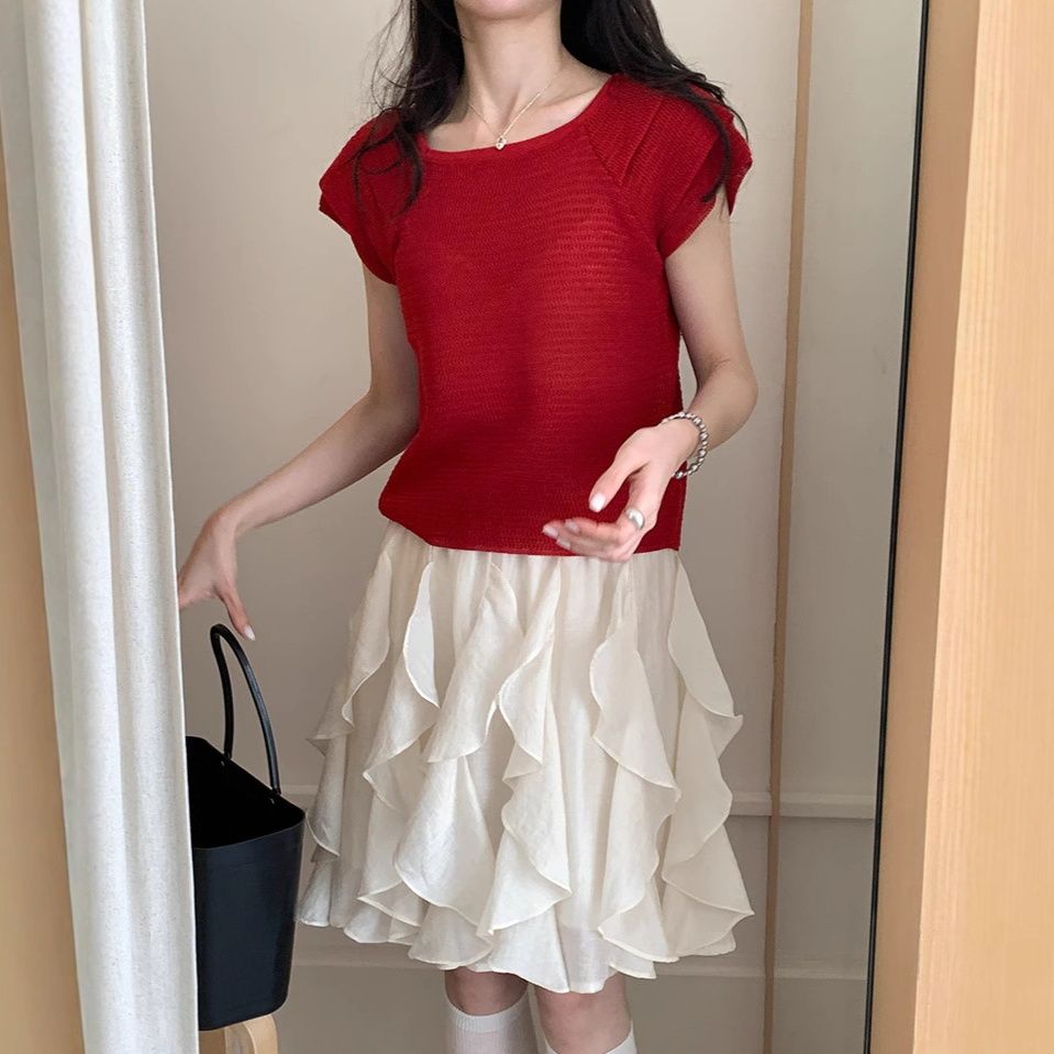 カットソー 優美な編み目ラグランスリーブニット