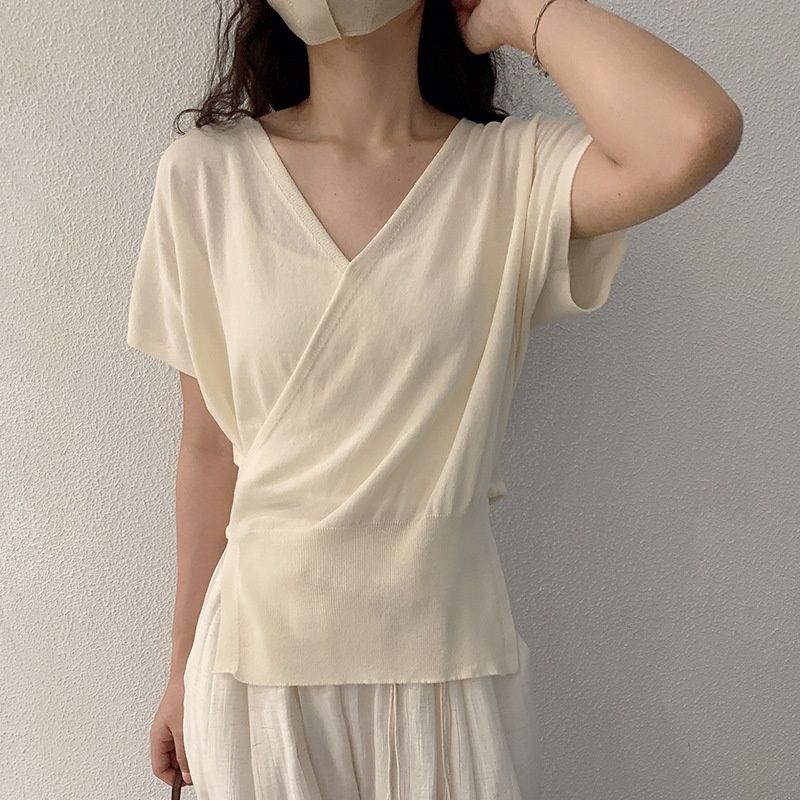 カットソー 優美なラップデザインVネックカットソー