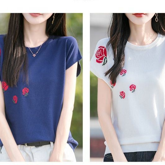 カットソー 薔薇刺繍 ニットトップス