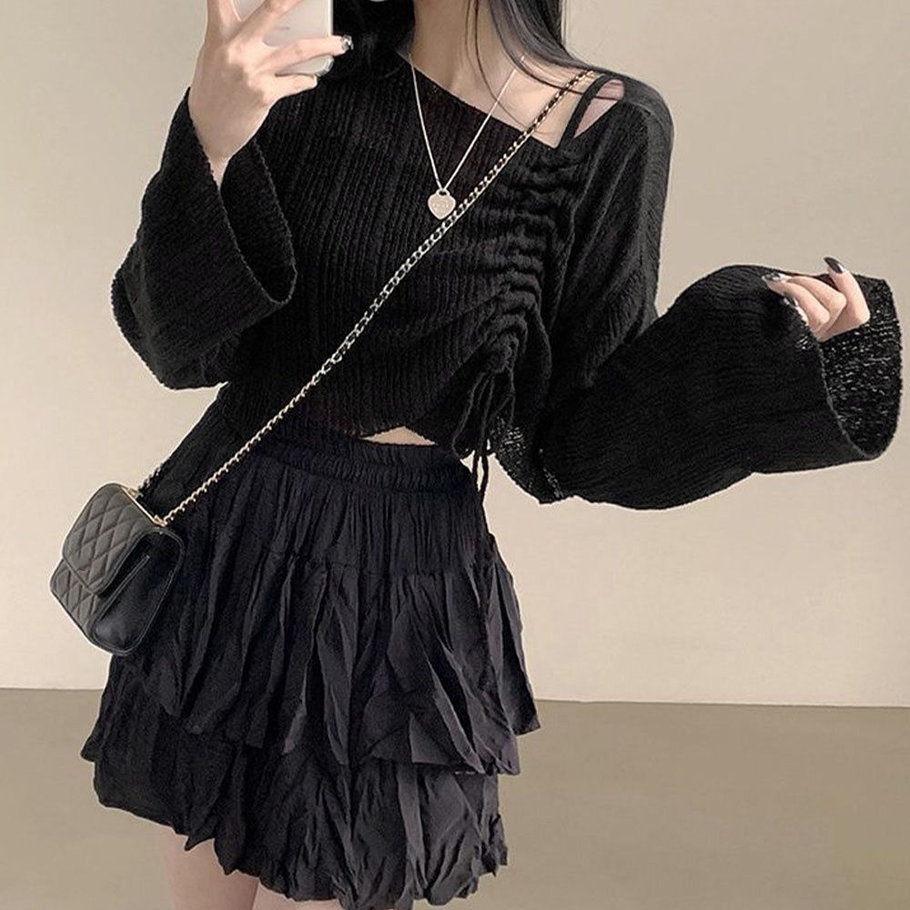 カットソー ボートネック 春夏ドローストリングニットトップス