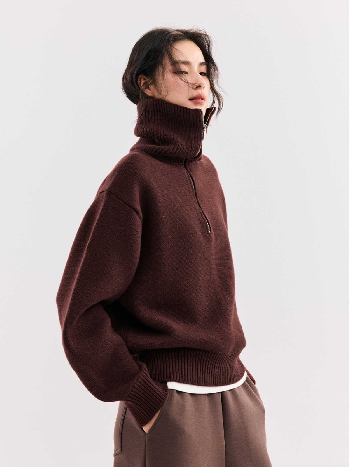 カットソー リブ襟ハーフジップカットソー