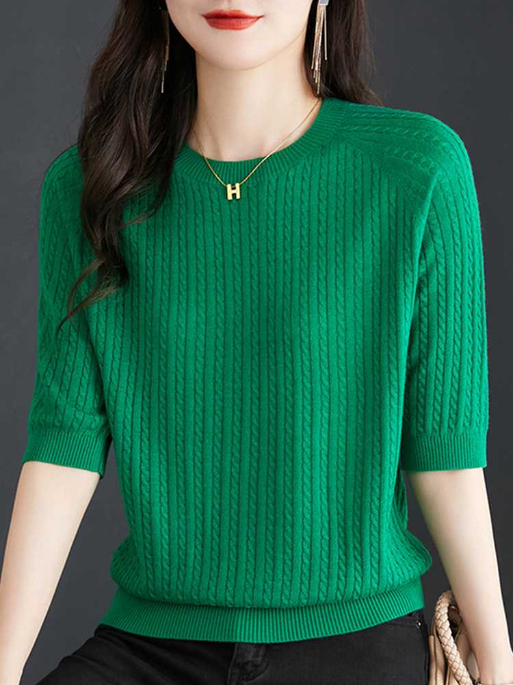 カットソー リブ編み ケーブル柄 七分袖 ニットプルオーバー