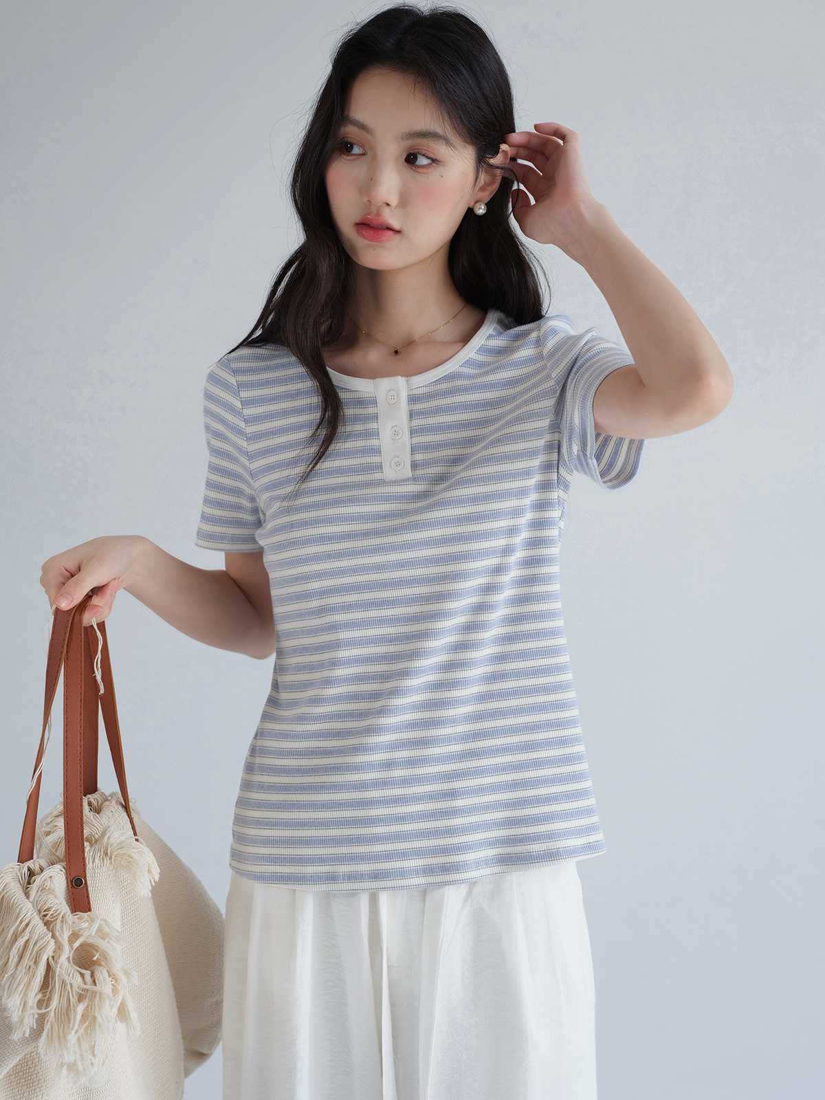 カットソー 爽やか細ボーダーヘンリーネックカットソー