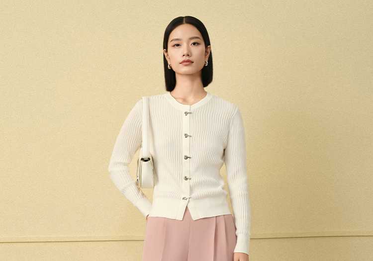 カットソー リブ編み装飾留め具付きカーディガン