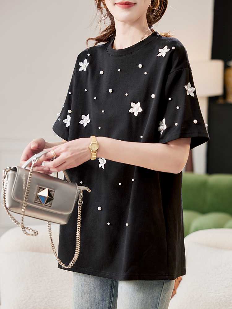 カットソー 花模様とドット装飾ゆったりカットソー