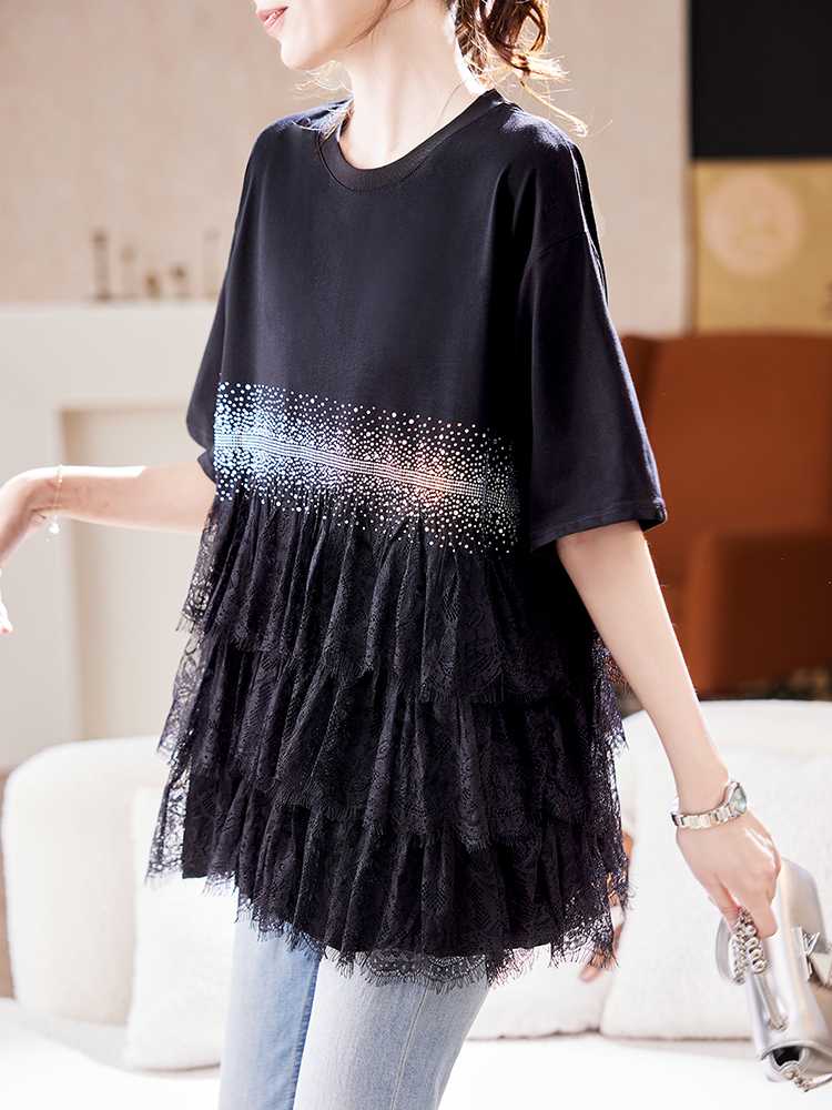 カットソー レース重ね裾切替え キラキラ装飾 半袖カットソー