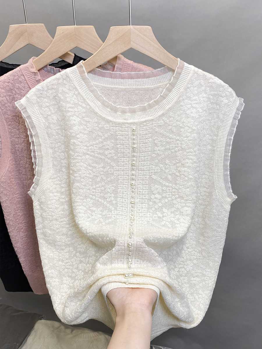 カットソー 透かし模様ボタン付きノースリーブカットソー