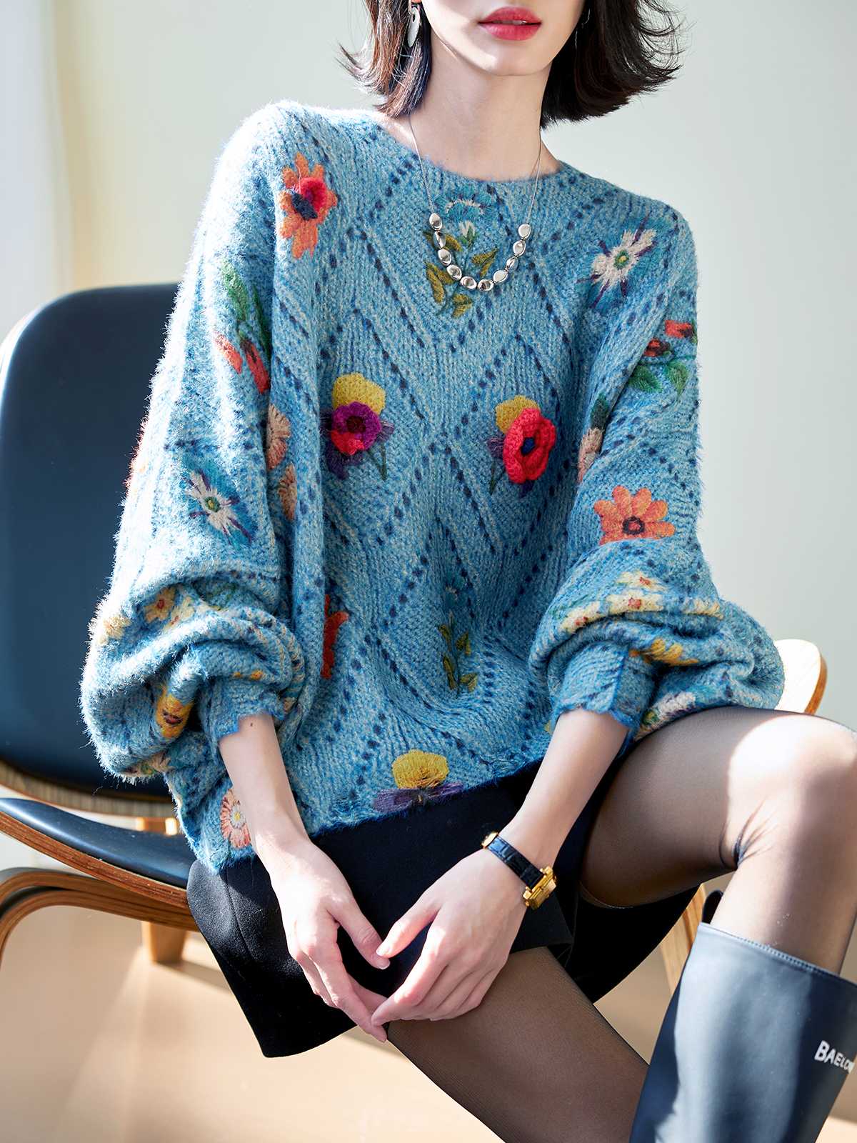 カットソー 花柄ふわもこニットプルオーバー