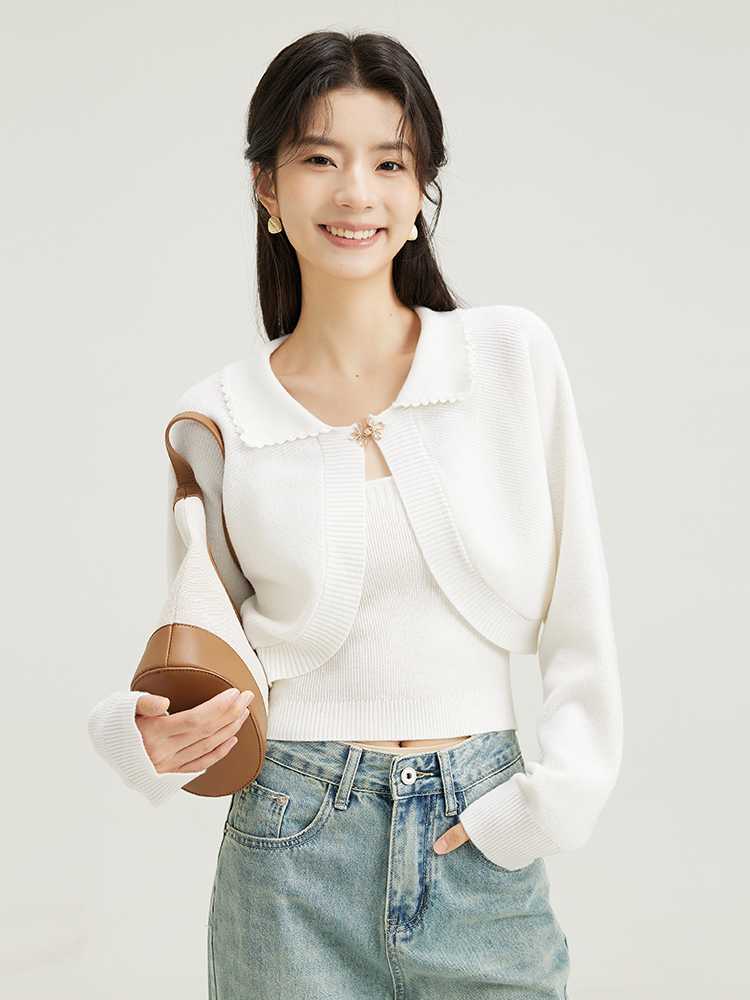 カットソー 花飾りブローチ付き襟付きボレロカットソー