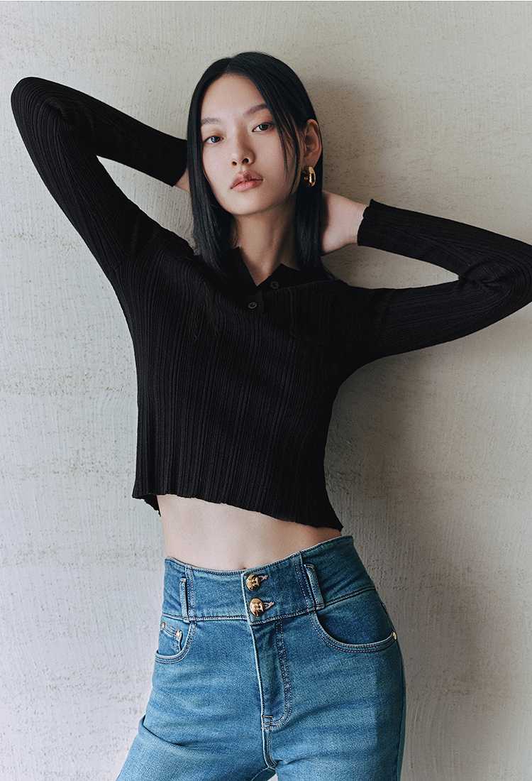 カットソー リブ編み ヘンリーネック トップス