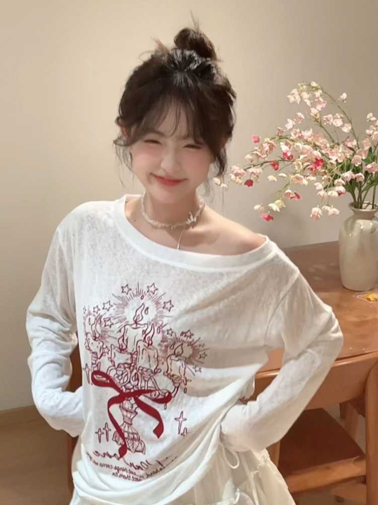 カットソー リボン柄ゆったりボートネック