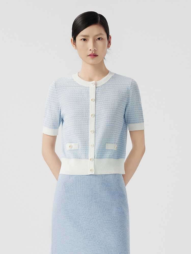 カットソー 上品ノーカラーニットカーディガン