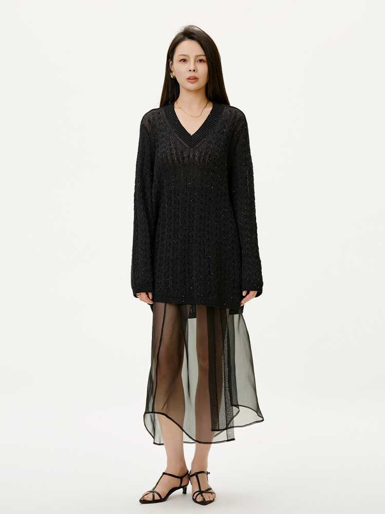 カットソー ケーブル編み柄ゆるシルエットVネック