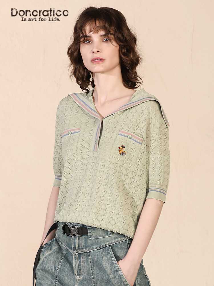 カットソー ハート模様デザイン襟付き半袖カットソー