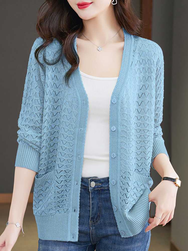 カットソー 透かし編み七分袖カーディガン