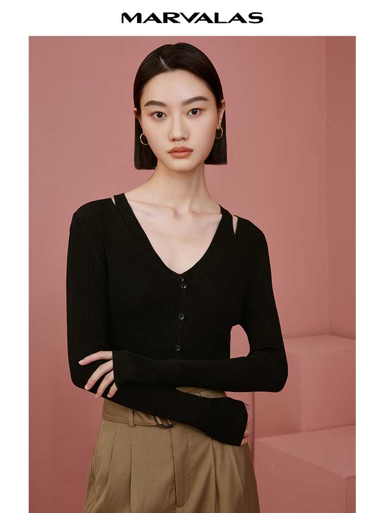 カットソー 肩スリット入り リブ編み 前開きカットソー