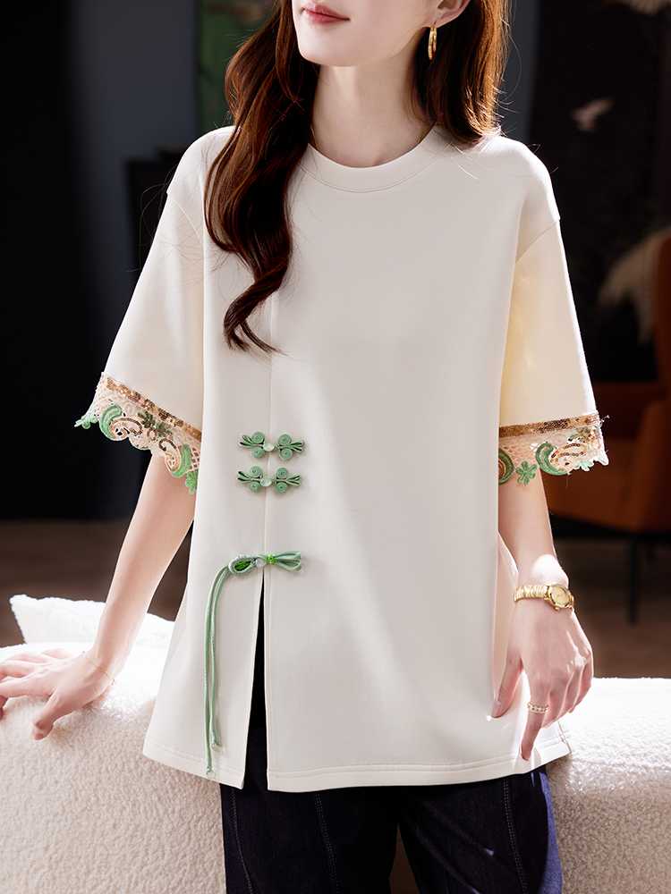 カットソー 花結び刺繍 チャイナ風カットソー