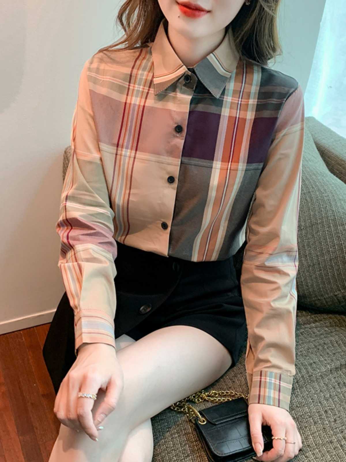 カットソー クラシック格子柄シャツ 上品長袖