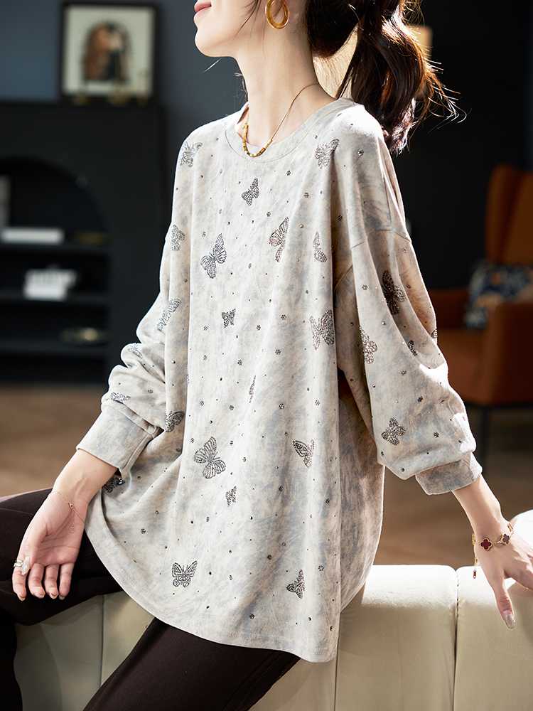 カットソー 蝶々模様ゆったり長袖カットソー