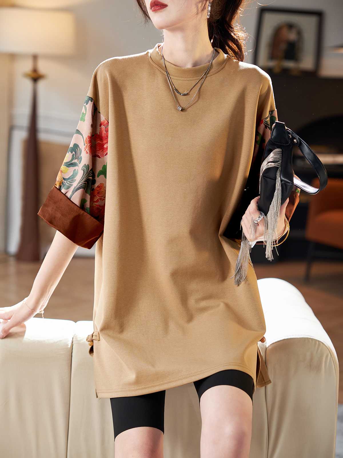 カットソー 花柄切替え ゆったりチュニック