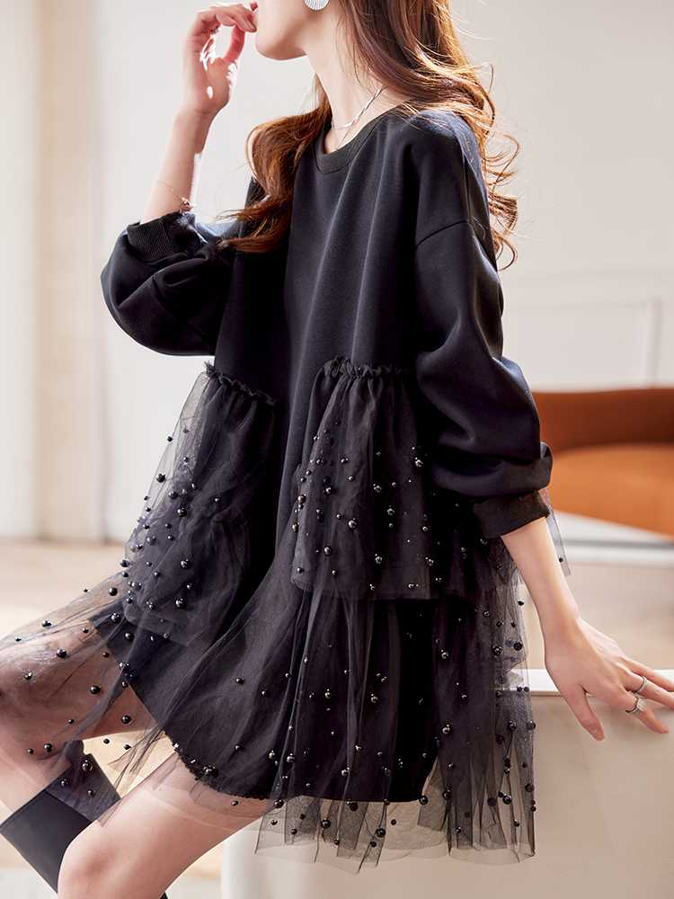 カットソー チュールフリル 重ね着風長袖ワンピース