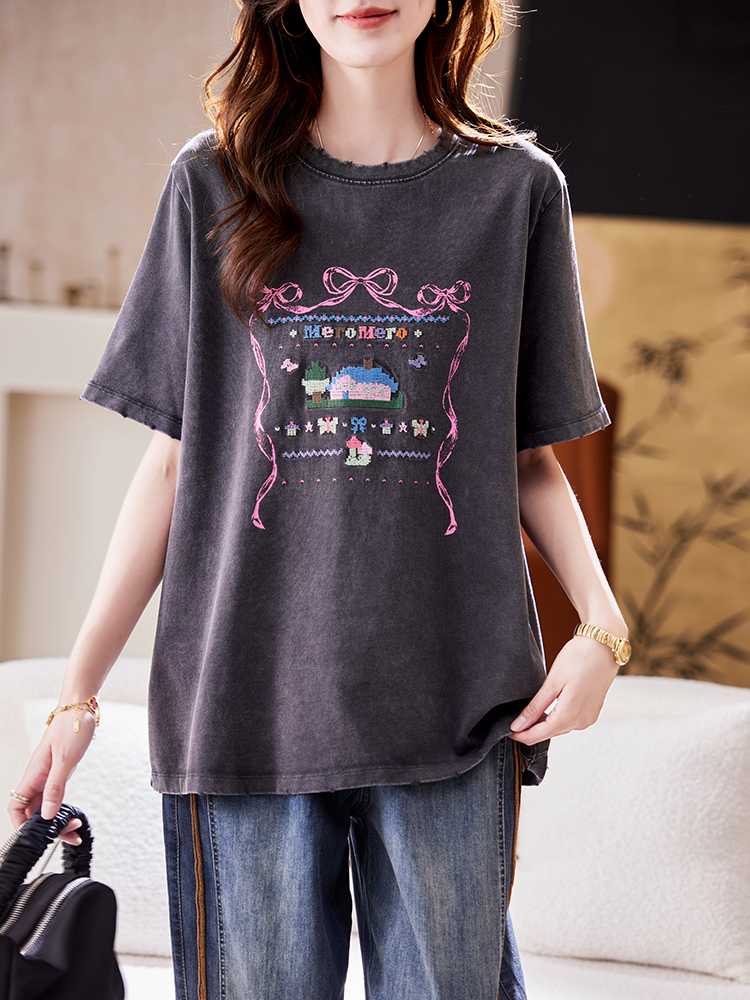 カットソー リボン刺繍ゆったり半袖カットソー