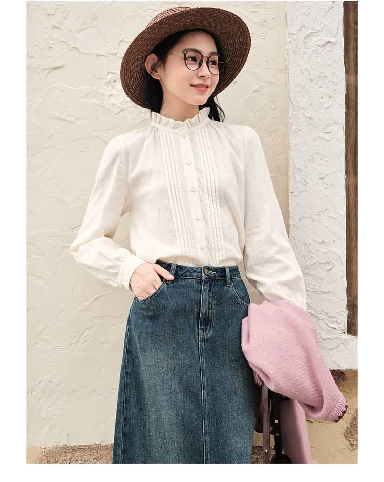 カットソー ピンタック襟フリル長袖ブラウス