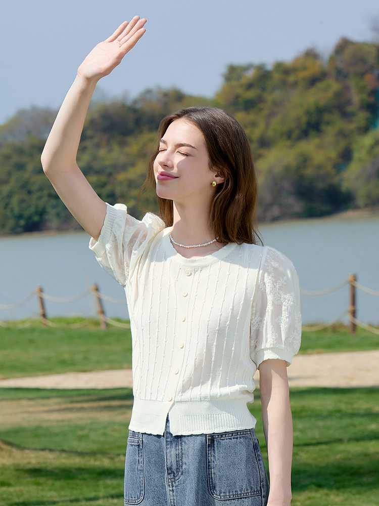 カットソー 立体編み パフスリーブカーディガン