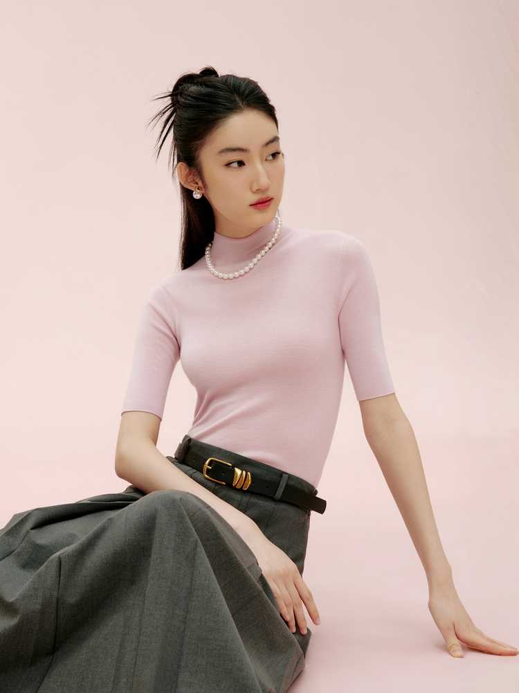 カットソー 洗練ハイネック五分袖ニットカットソー