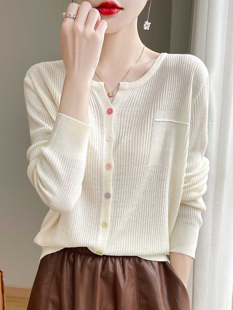 カットソー 優美リブ編みポケット付き長袖カーディガン