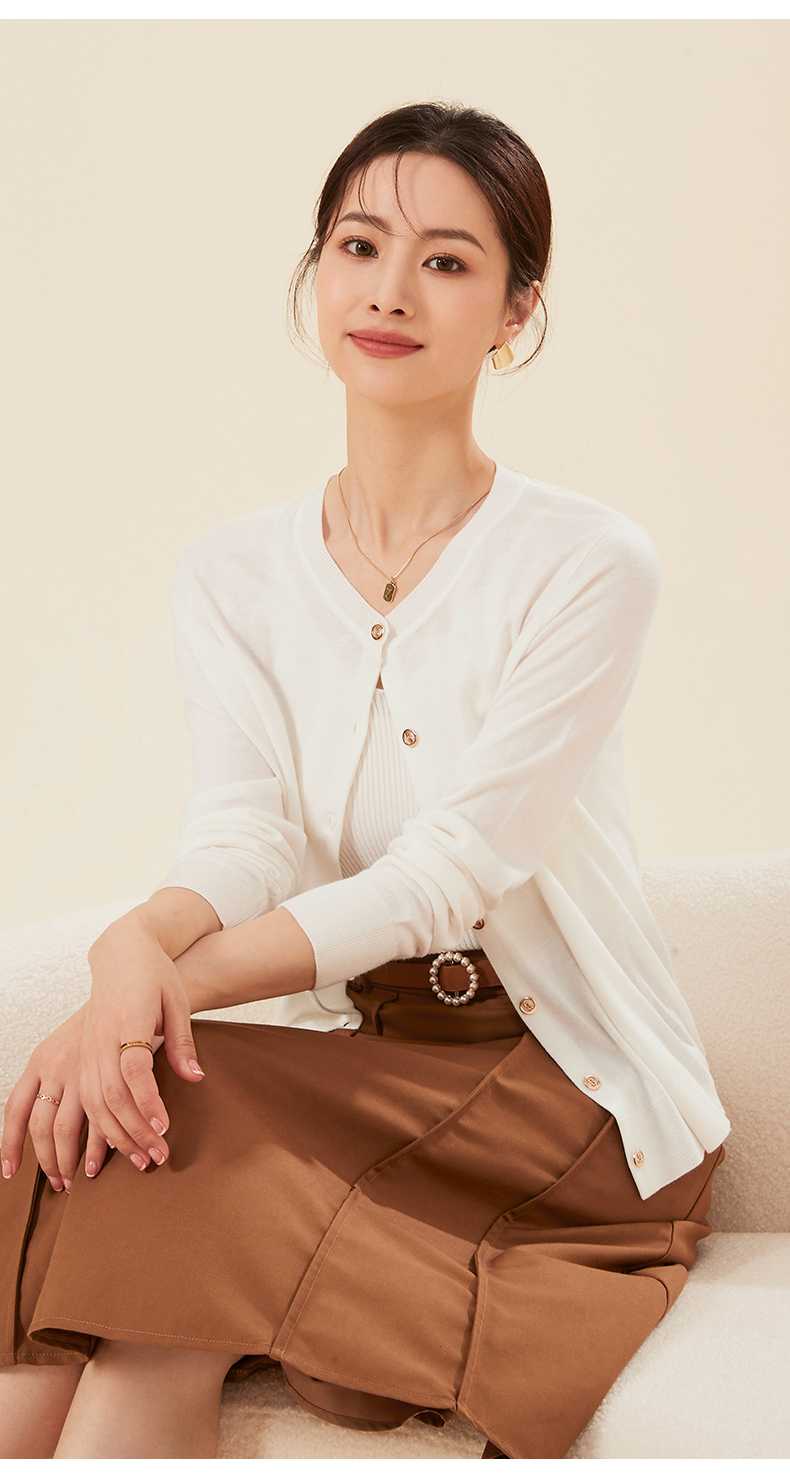 カットソー 丸首シンプル前開きニットカーディガン