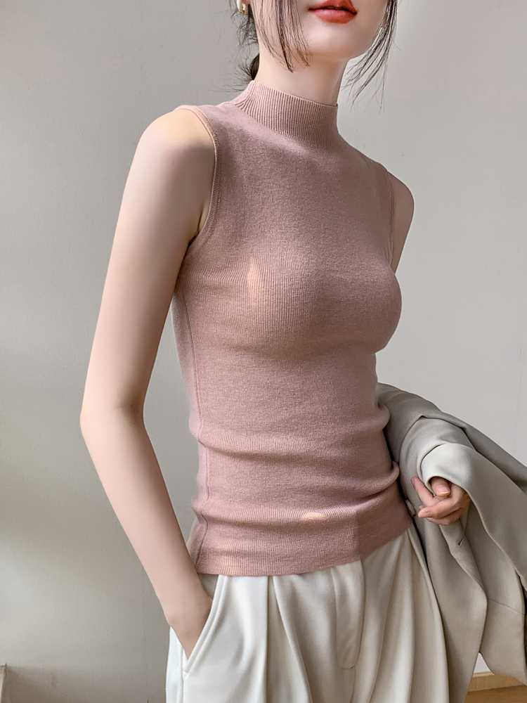 カットソー ハイネック羊毛混リブノースリーブ