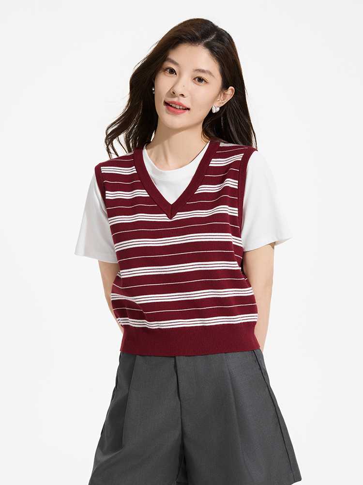 カットソー レイヤード風ボーダーニットベスト