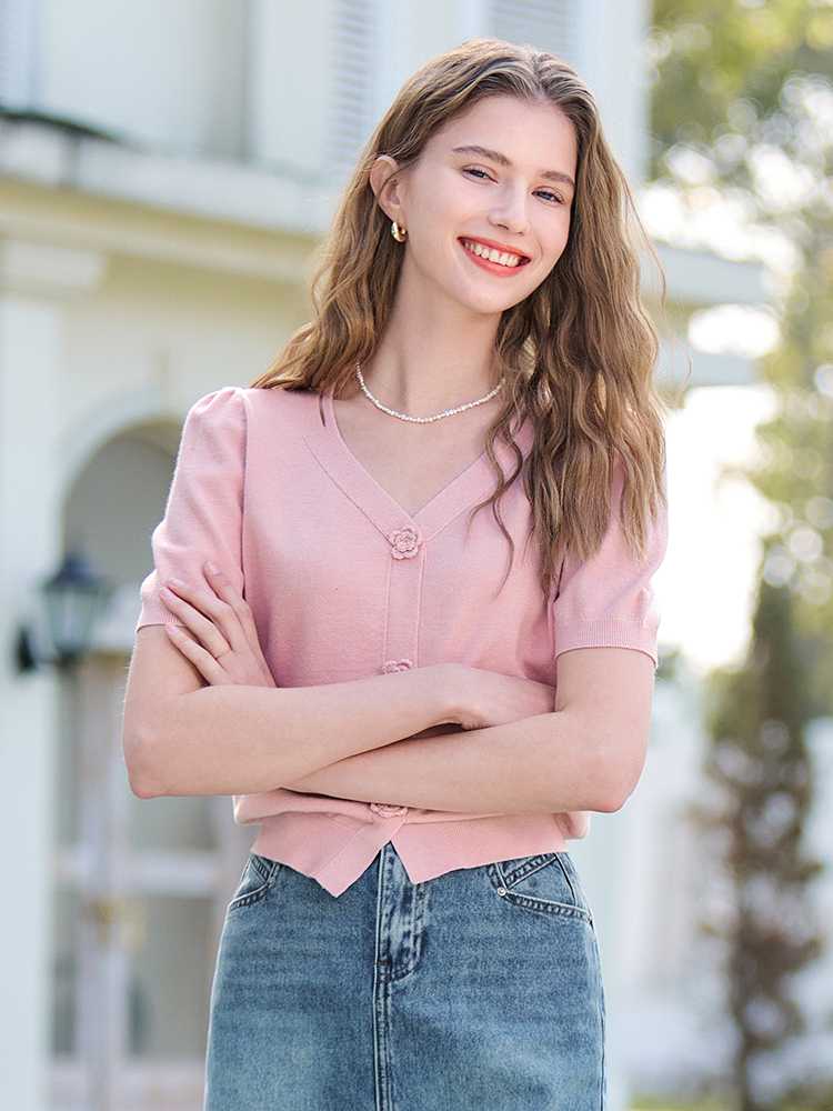 カットソー 花モチーフ 五分袖ニットカーディガン