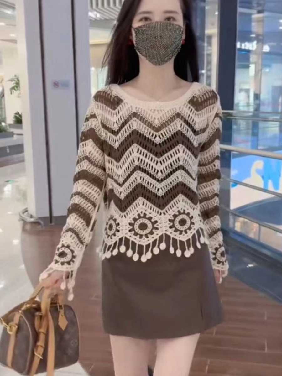 カットソー 透かし編みジグザグボートネック