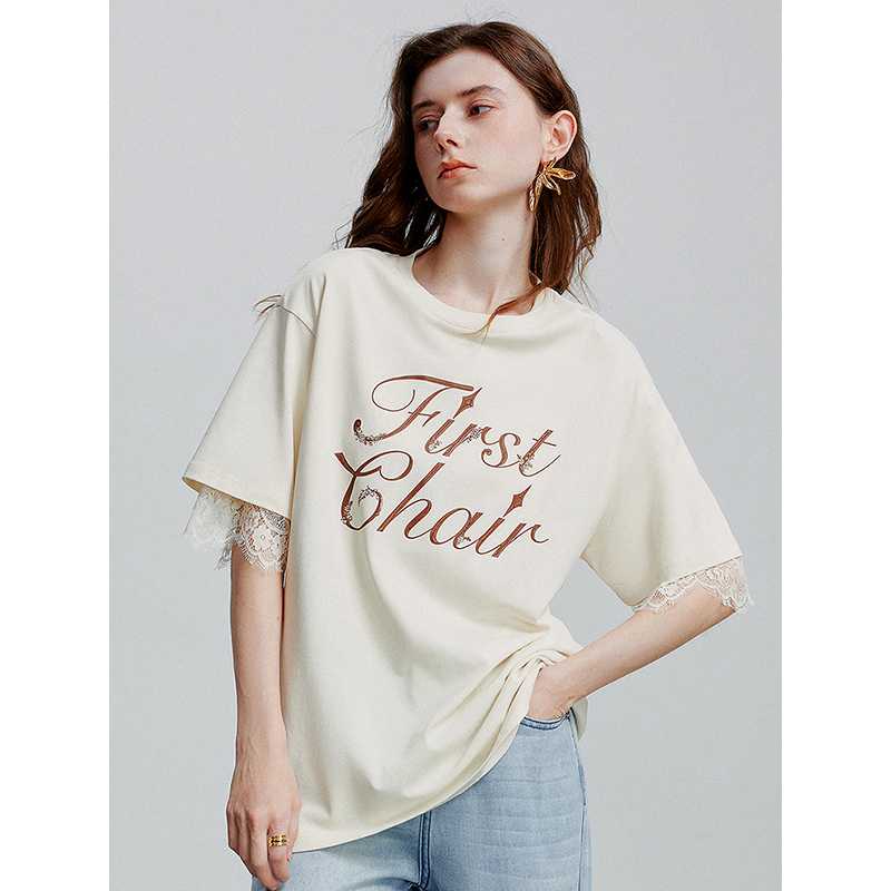 カットソー レース装飾 文字入り 半袖カットソー