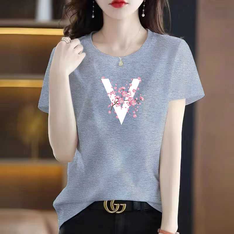 カットソー 花咲きデザイン シンプル丸首半袖