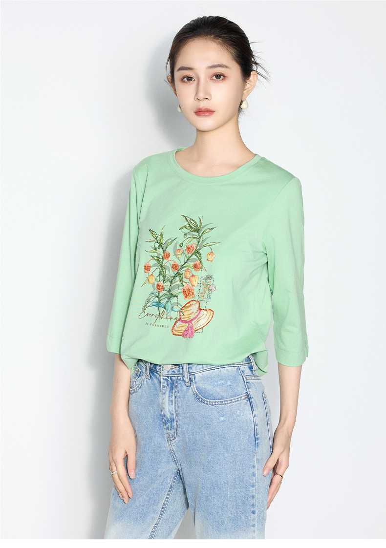 カットソー 花と帽子の刺繍入り七分袖カットソー