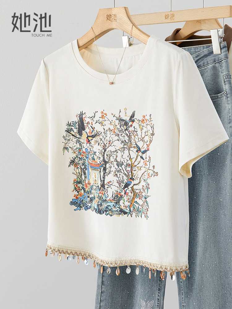 カットソー 花鳥画プリント裾飾り半袖